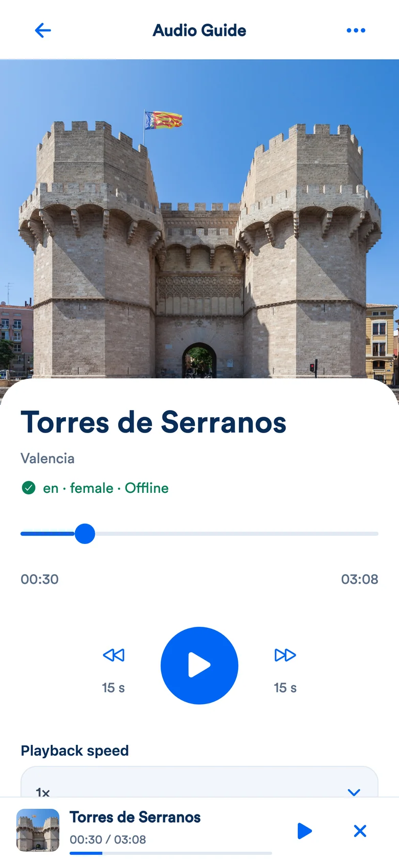 Audio guide player for Torres de Serranos in the MyTripTools app