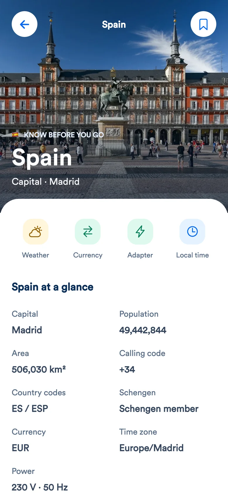 Spain country information in the MyTripTools app