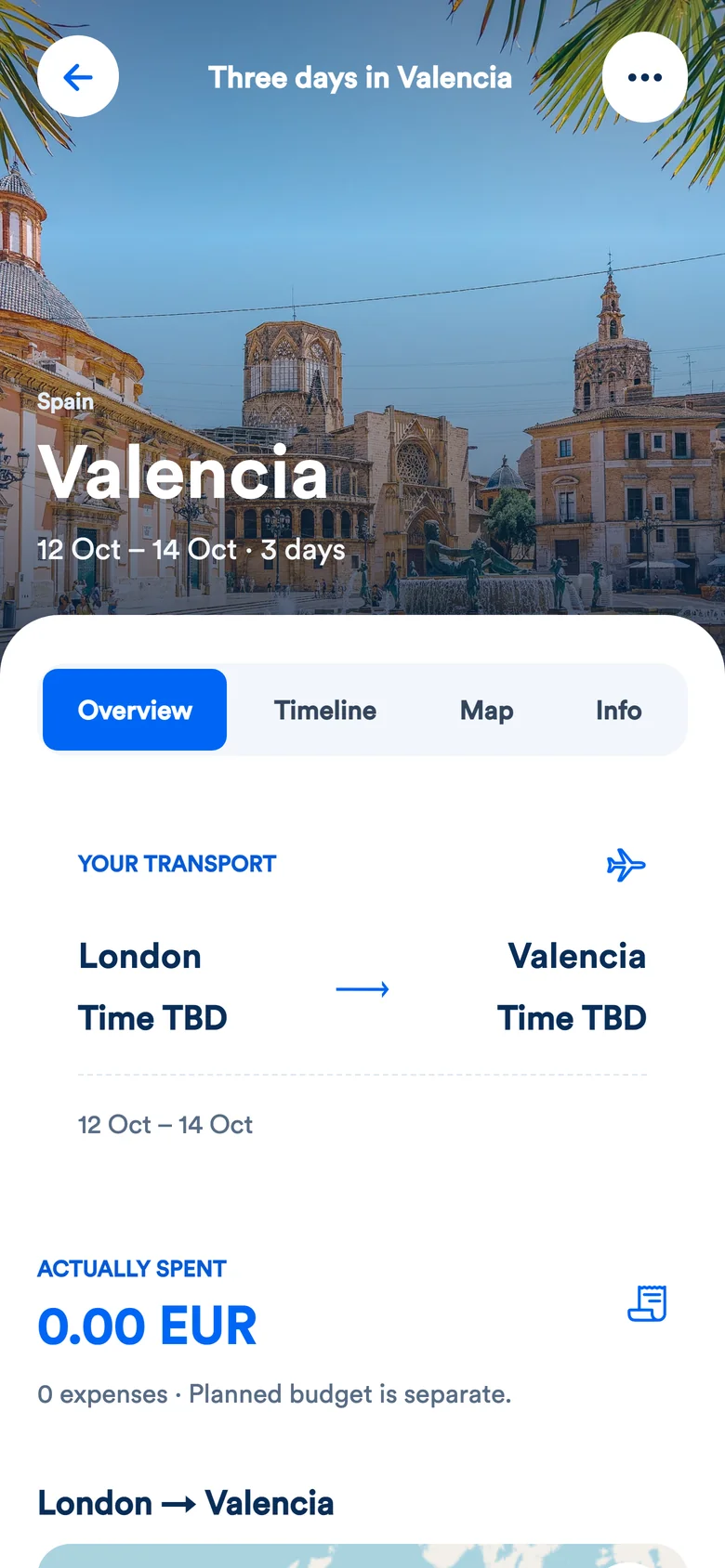 MyTripTools trip overview for a sample three-day Valencia itinerary