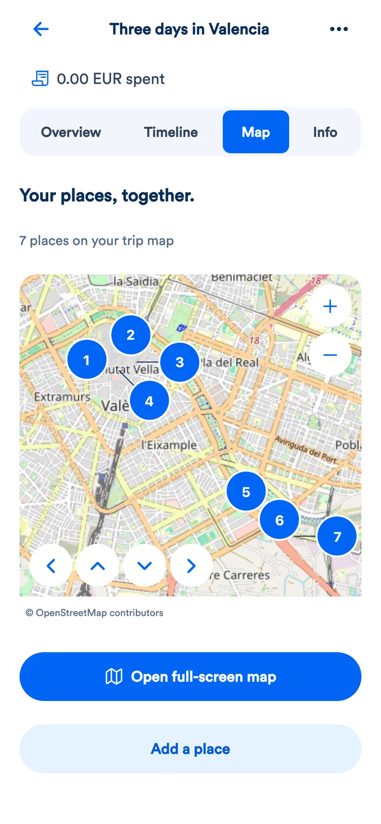 Map of places in the sample Valencia trip in MyTripTools
