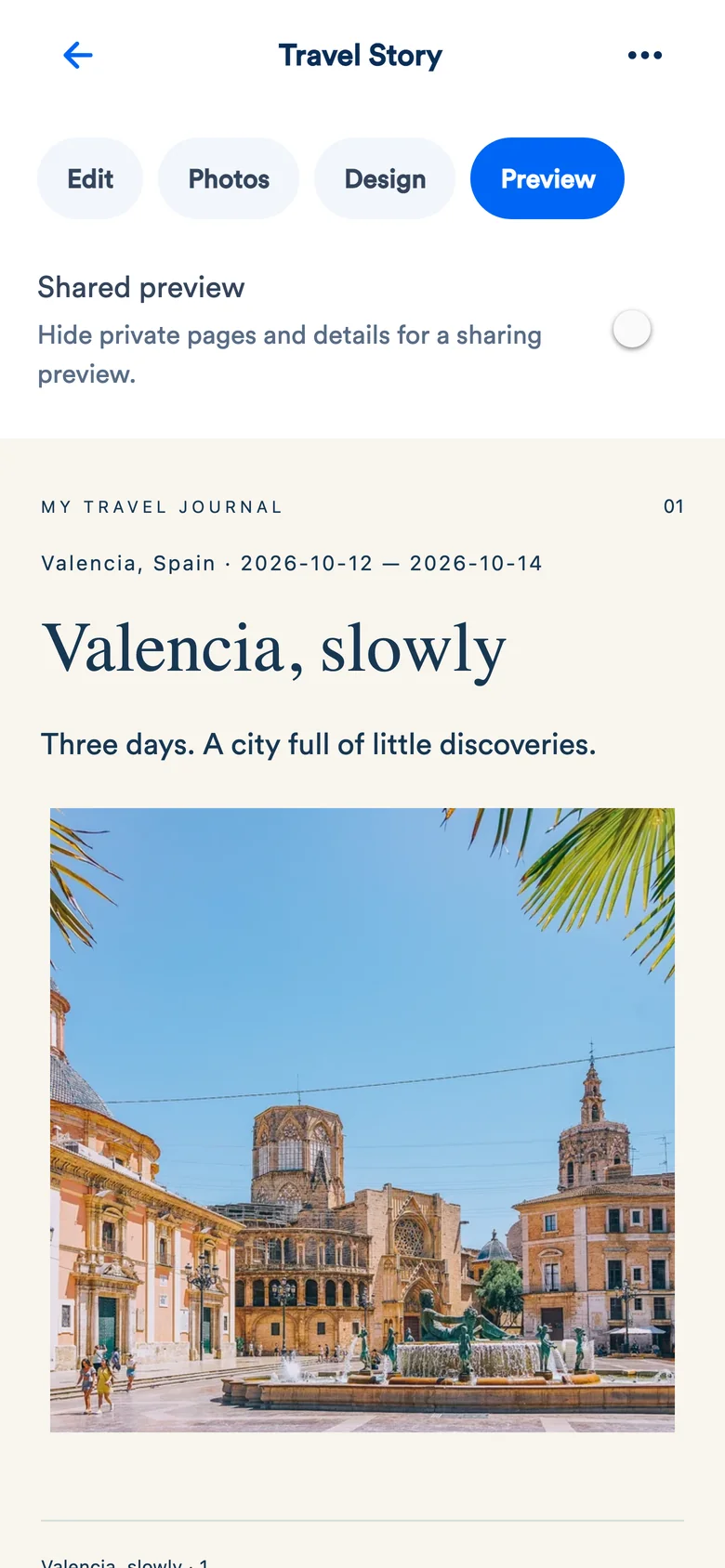 Travel Story editor with a fictional Valencia photo journal