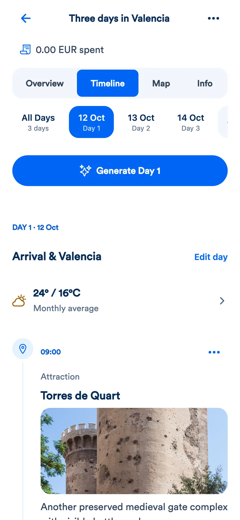 Trip timeline with places arranged by day in the MyTripTools app