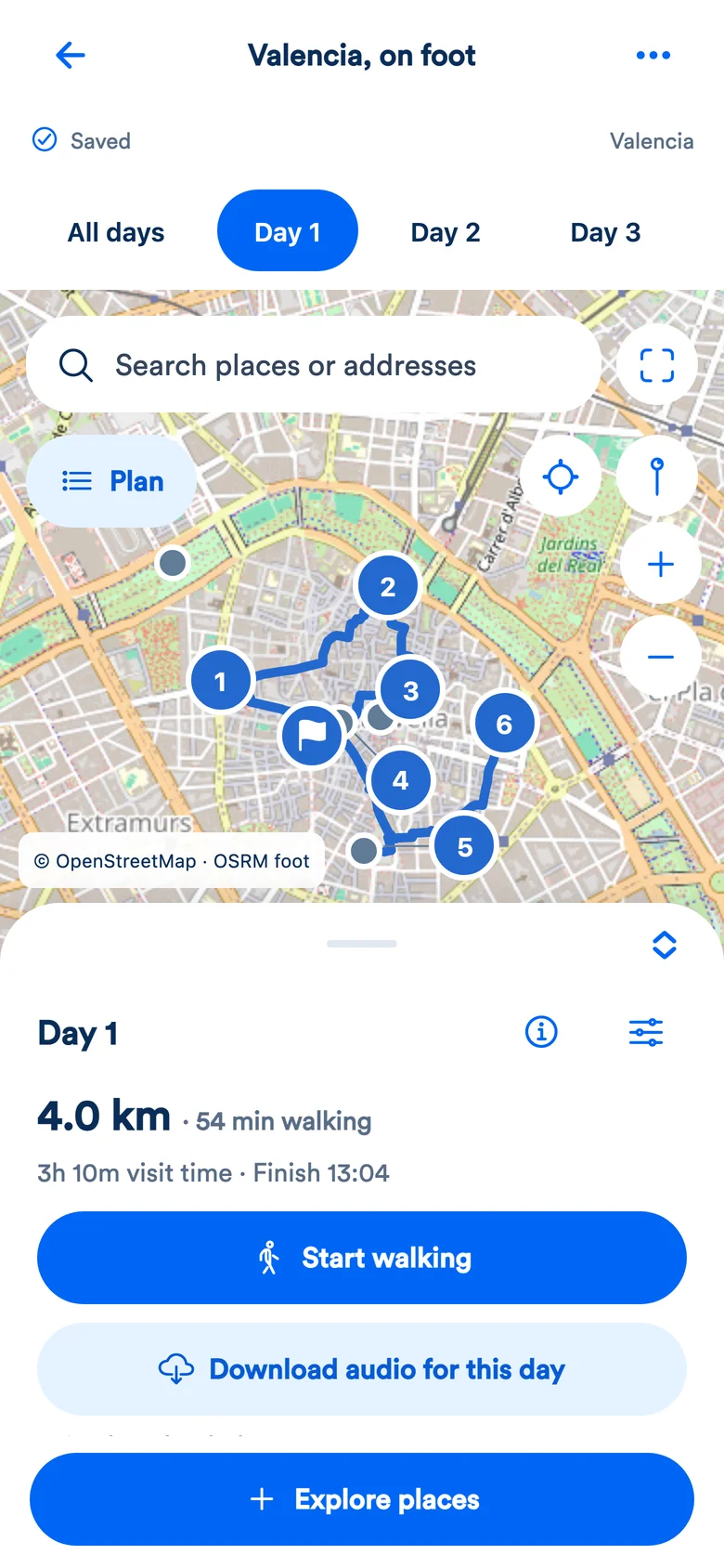 A Valencia walking route in the MyTripTools app